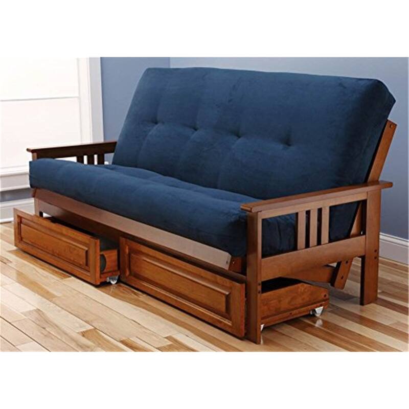 79 in. Barbados/Suede Navy Polyester Upholstered Full Size Futon Set with Mattress and Storage Drawers