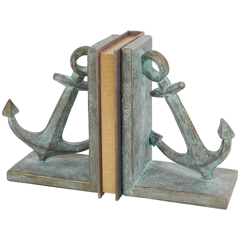 Polystone Anchor Distressed Patina Decorative Bookends with Gold Foil Accents - Set of 2 Blue - Roche River Decor