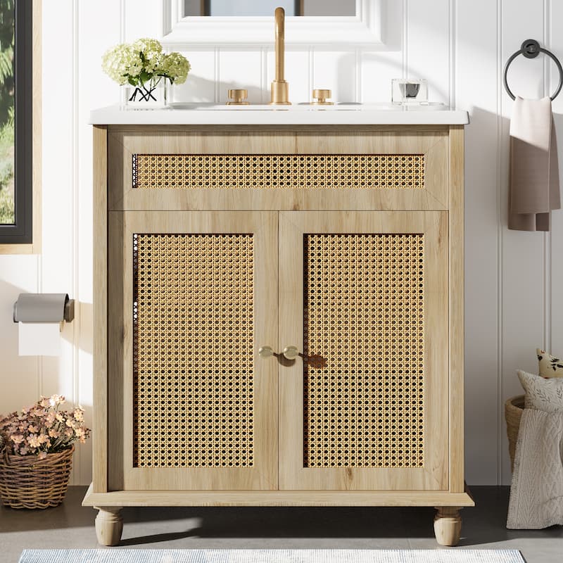 30-Inch Bathroom Vanity: Handwoven Rattan Doors, Solid Wood Legs & Resin Basin - Natural Wood