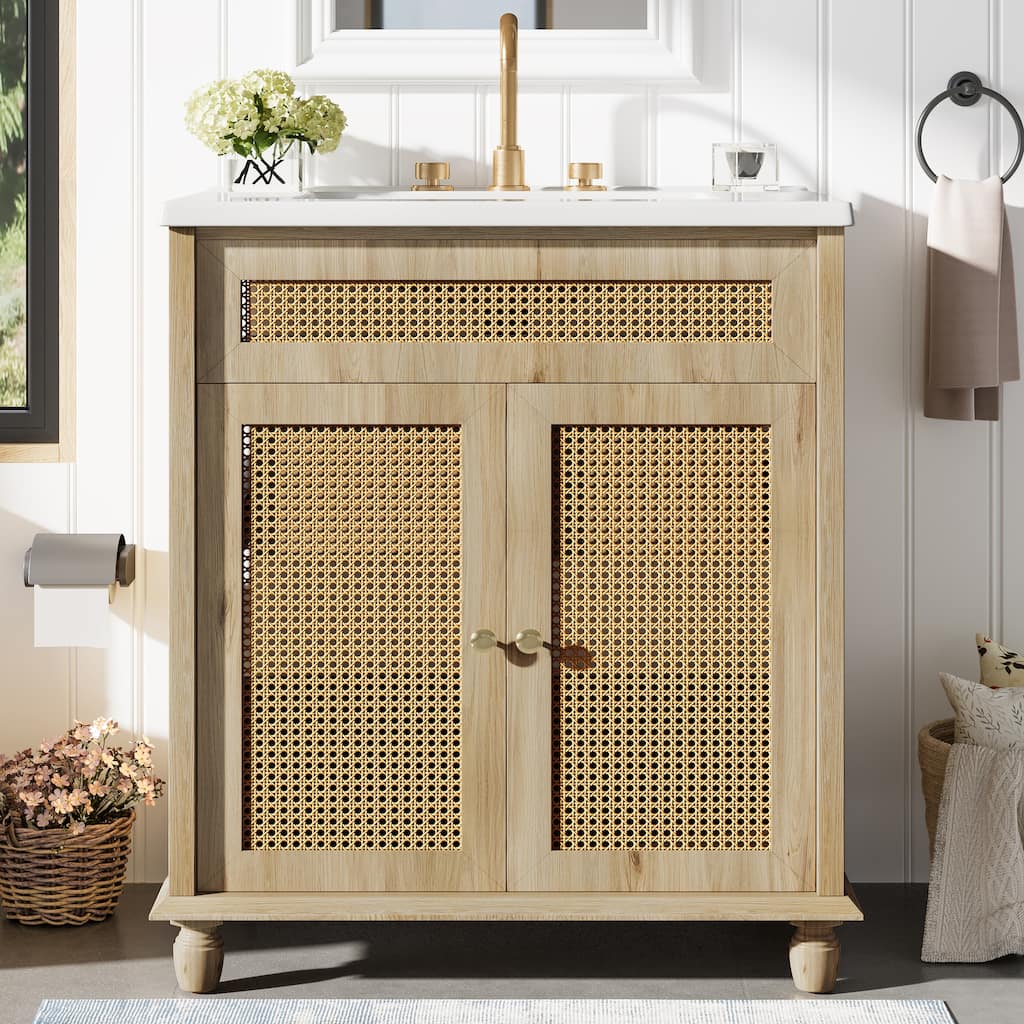 30-Inch Bathroom Vanity: Handwoven Rattan Doors, Solid Wood Legs & Resin Basin
