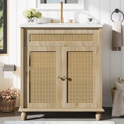 Christopher Knight Home - Hilton 30-Inch Bathroom Vanity: Handwoven Rattan Doors with Solid Wood Legs & Resin Basin