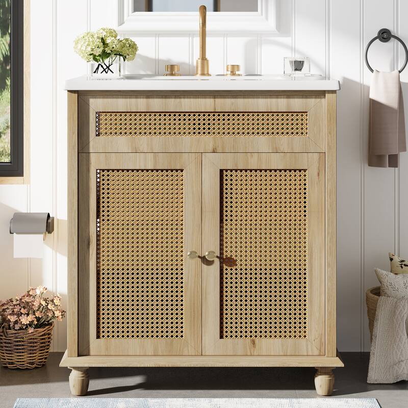 Roomfitters 30" Bathroom Vanity with Handwoven Rattan Doors and Resin Basin Sink, Natural Wood - Natural Wood