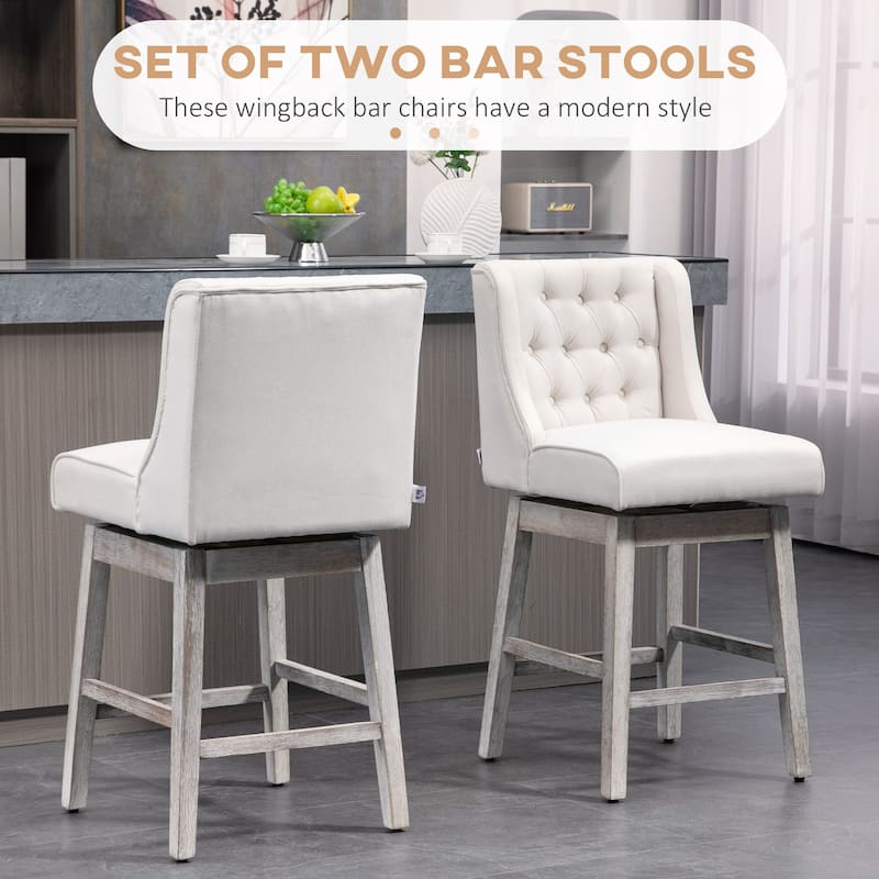 Set of 2 Vintage Swivel Counter Height Bar Stools with Linen Upholstered and Rubber Wood Legs - 18" L x 22.5" W x 39.75" D