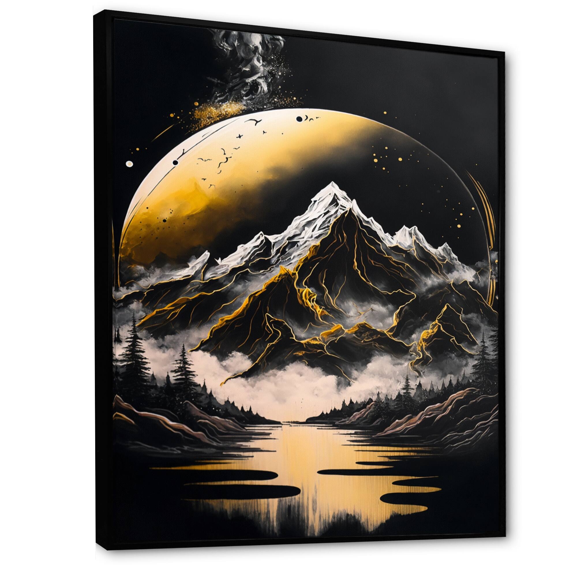 Designart "Black And Gold Mountain Landscape V" Outer Space Framed