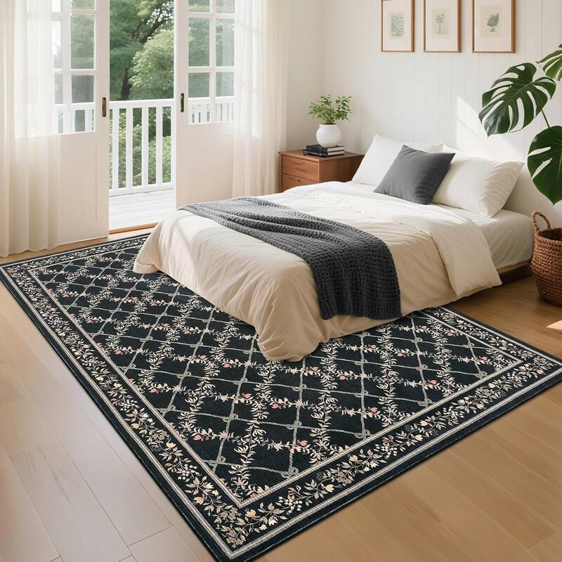 Floral Neutral Washable Hallway Low Pile Area Rug for Bedroom, Living Room, Black - 2' x 3' - Black 9*12ft