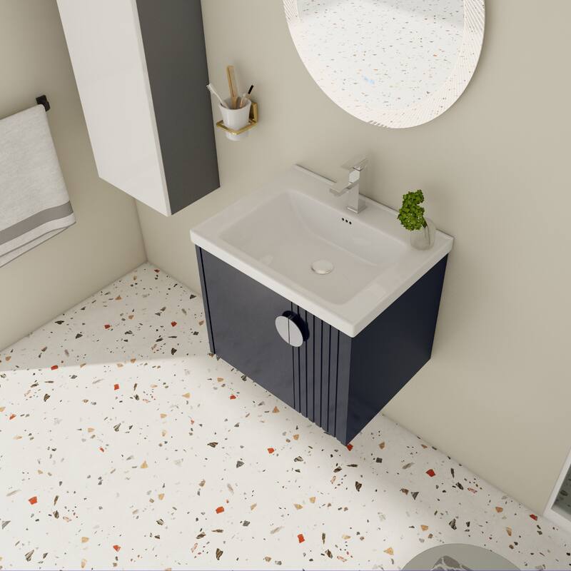 Modern Wall-Mounted Bathroom Vanity with Ceramic Sink, Soft-Close Doors, and 3 Pairs of Metal Handles for Customization