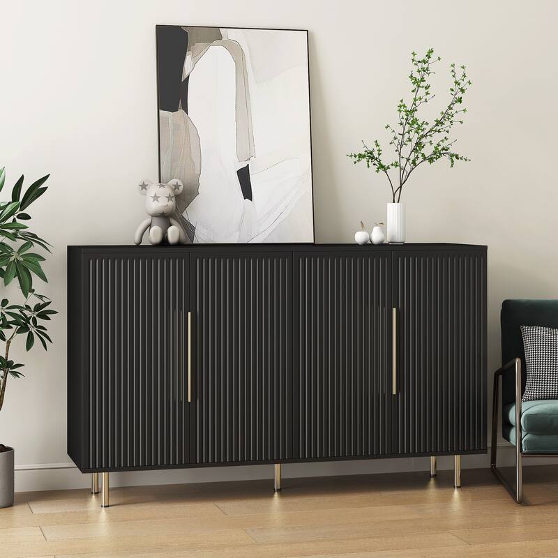 Anmytek Black Fluted Modern Buffet Cabinet Large Storage Sideboard with Adjustable Shelves Accent Console Table