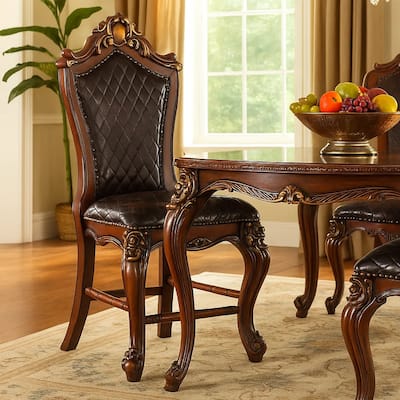 Leatherette Padded Counter Height Chair with Carvings, Set of 2, Brown