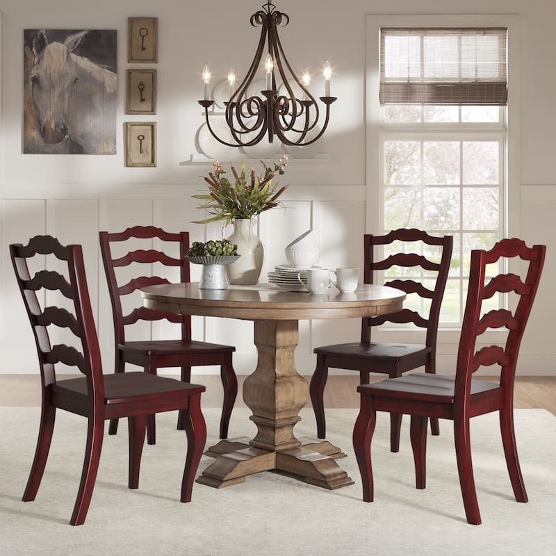 Eleanor Oak Round Solid Wood Top Ladder Back 5-piece Dining Set by iNSPIRE Q Classic - Oak Table - Berry Red Chairs