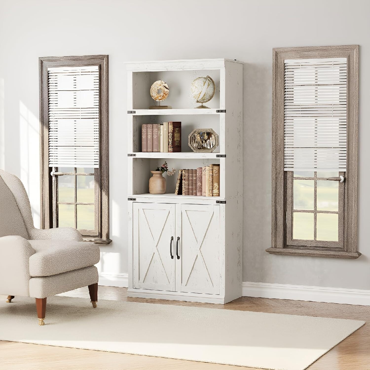 5 Tier Book Shelf, Farmhouse Book Case with Cabinet, Tall Book Shelf with Storage Doors