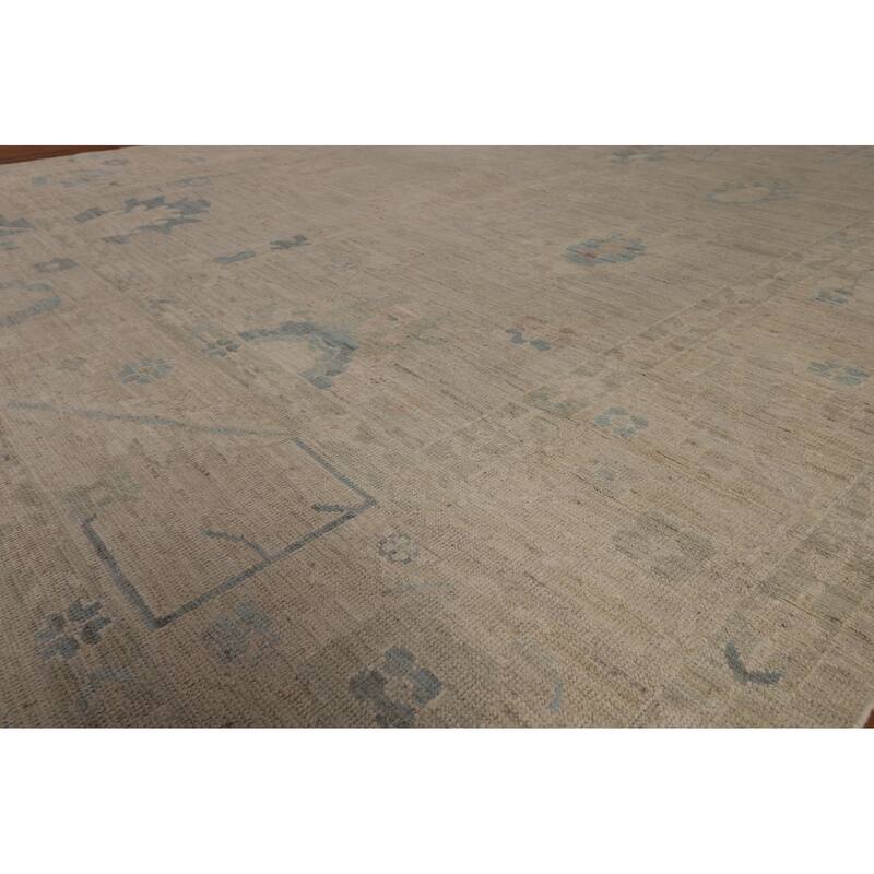 Beige Vegetable Dye Oushak Turkish Rug Hand-Knotted Floral Wool Carpet - 8'11"x 11'7"