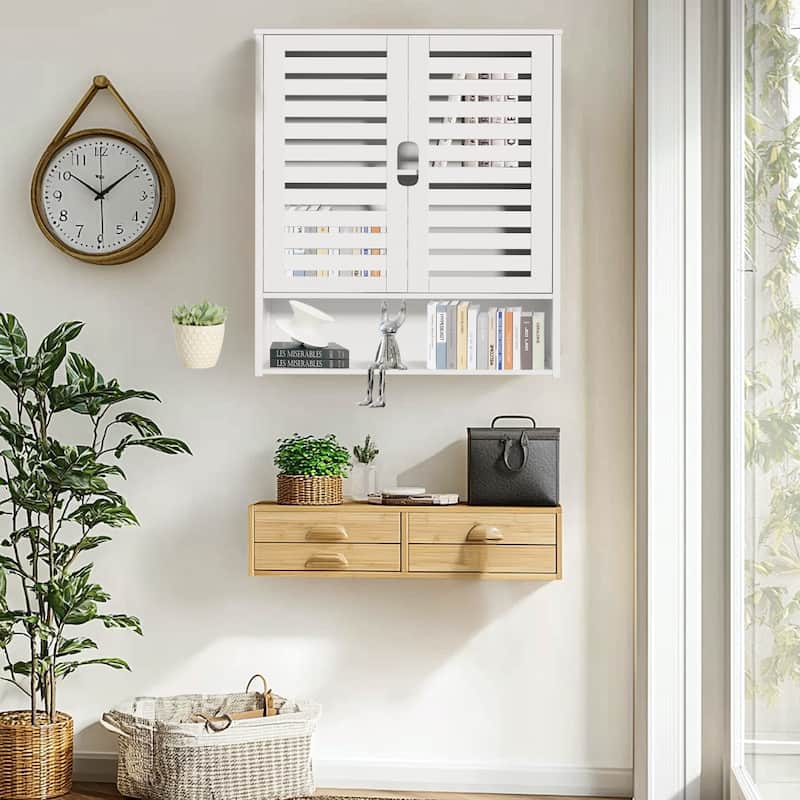 Double Door Wall Cabinet Bathroom Storage Shelf Bamboo