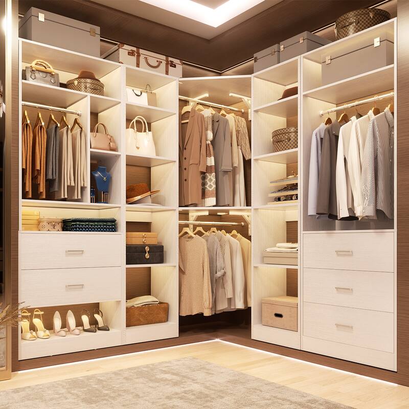 Kyrvo Corner Closet System with 5 Wooden Drawers & 12 Shelves, Freestanding Walk-in Closet Organizer for Walk-in/Reach-in Closet