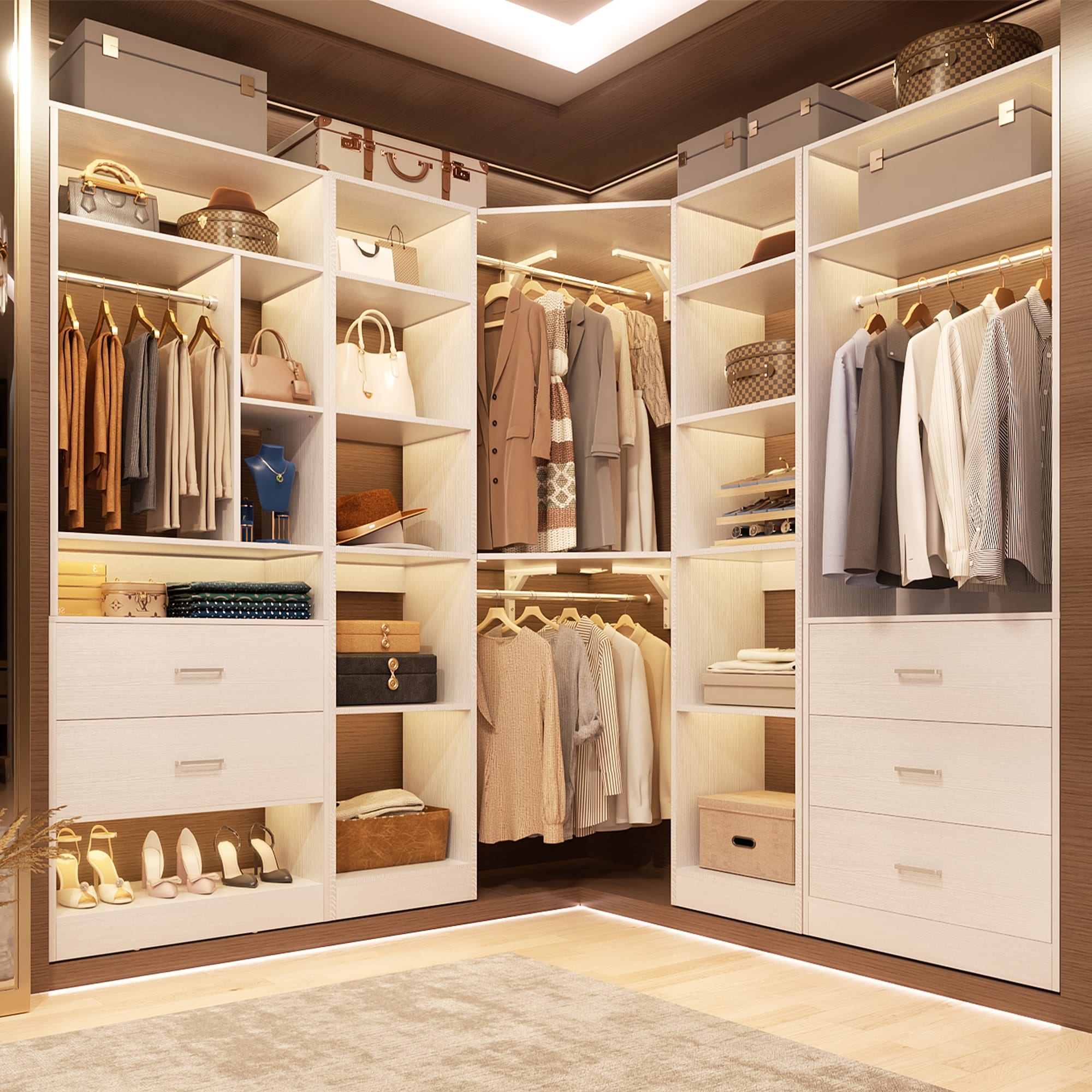 Kyrvo Corner Closet System with 5 Wooden Drawers & 12 Shelves, Freestanding Walk-in Closet Organizer for Walk-in/Reach-in Closet