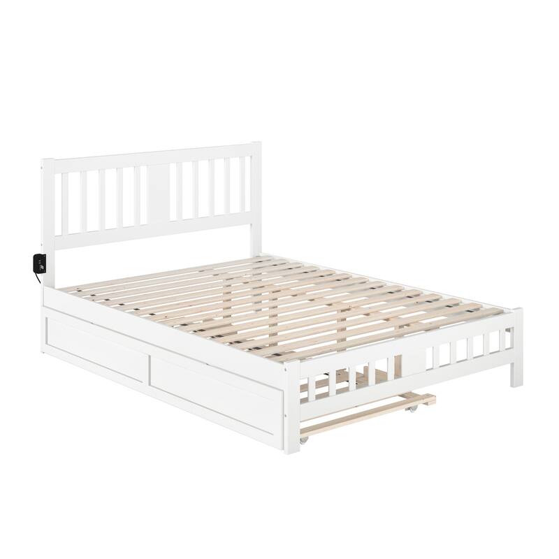 Twin Trundle Bed with Footboard - White Finish, Antique Style, Solid Wood Frame, Easy Assembly