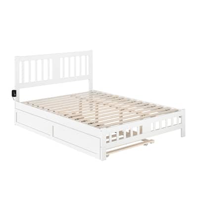 Twin Trundle Bed with Footboard - White Finish, Antique Style, Solid Wood Frame, Easy Assembly