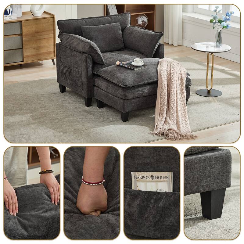 Oversized Single Sofa Chair with Ottoman, Double-Layer Seat Cushion, Chenille Fabric Lounge Chair, Living Room Reading Chair