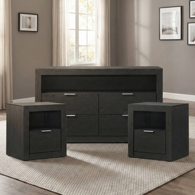 Furniture of America Merro Modern 3-Piece Solid Wood Dresser and 2 Nightstand Bedroom Set - Black