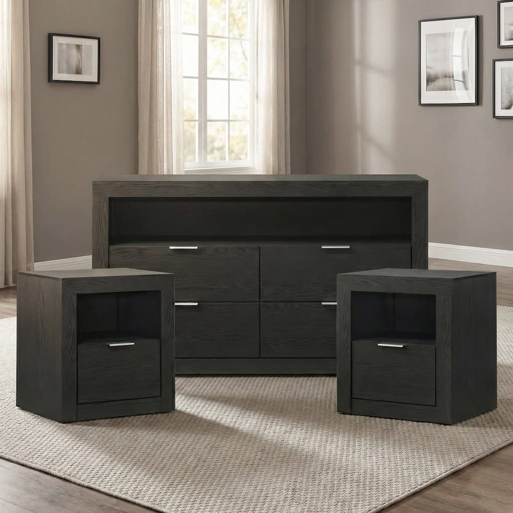 Furniture of America Merro Modern 3-Piece Solid Wood Dresser and 2 Nightstand Bedroom Set