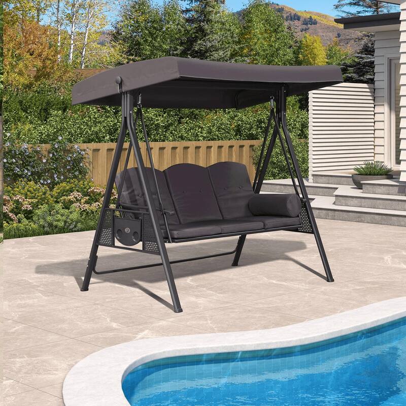 PURPLE LEAF Outdoor Patio Porch Swing with Stand, Swing Chair with Adjustable Tilt Canopy Steel Frame, Cushions Included - 3-Seat - Grey
