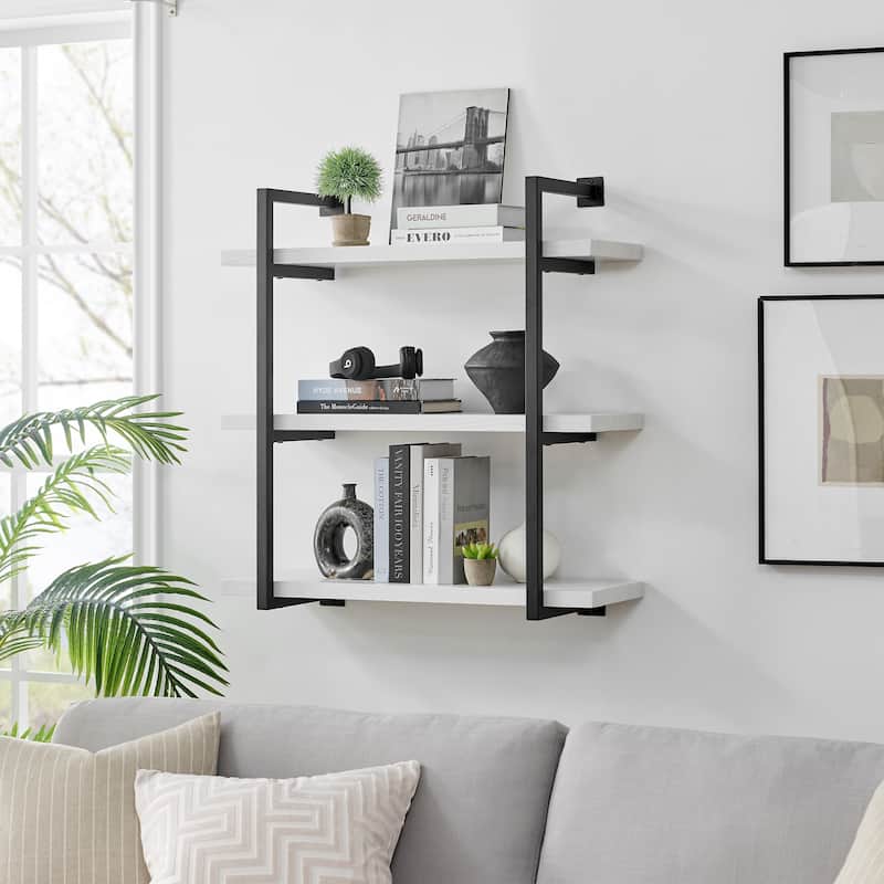 Danya B. Modern 3-Tier Hanging Bracket Wall Shelves in Black Metal and White Birch Finish