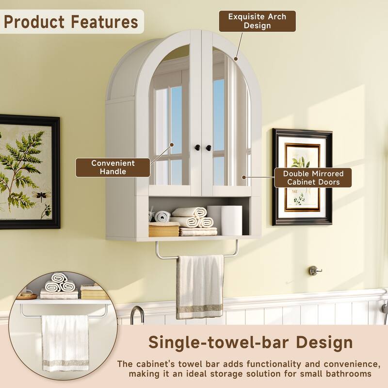 Wall Mounted Arched Cabinet with Mirrored Doors and Adjustable Shelves for Laundry Room, Bathroom, Kitchen
