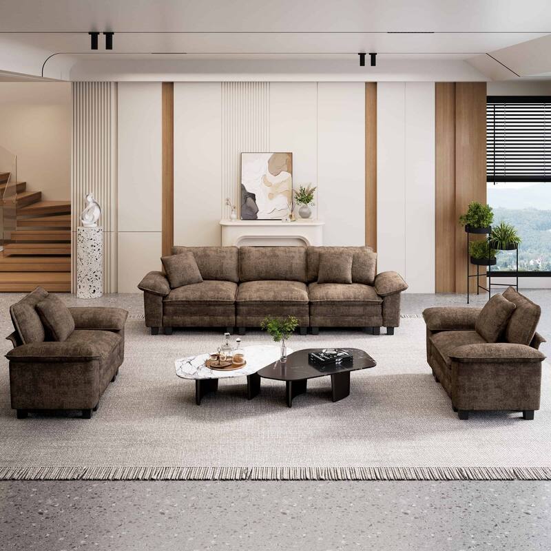 MAISON ARTS Modular Living Room Sofa Set, Comfy 5/6/7-Seat Sectional Couch with 3-Seater, Loveseat or Armchair - Brown Chenille (5 Pieces) - Reversible
