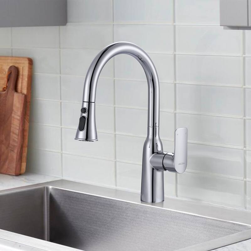 WOWOW 3-Functions Single-Handle Pull Down Sprayer Kitchen Faucet