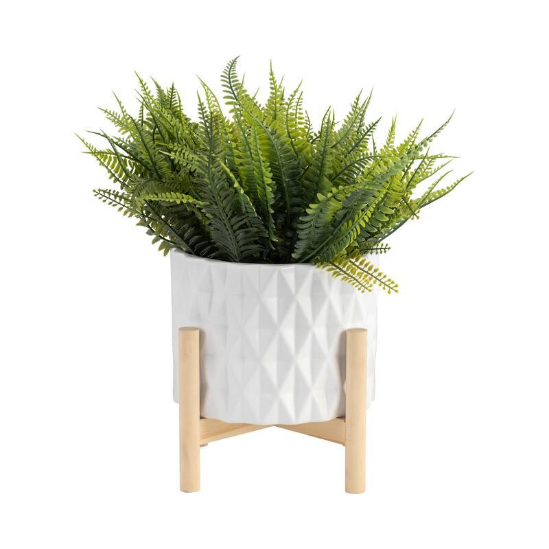 Sagebrook Home Ceramic Planter on Pine Wood Stand - Enhance Your Living Space - Garden Chic Decor