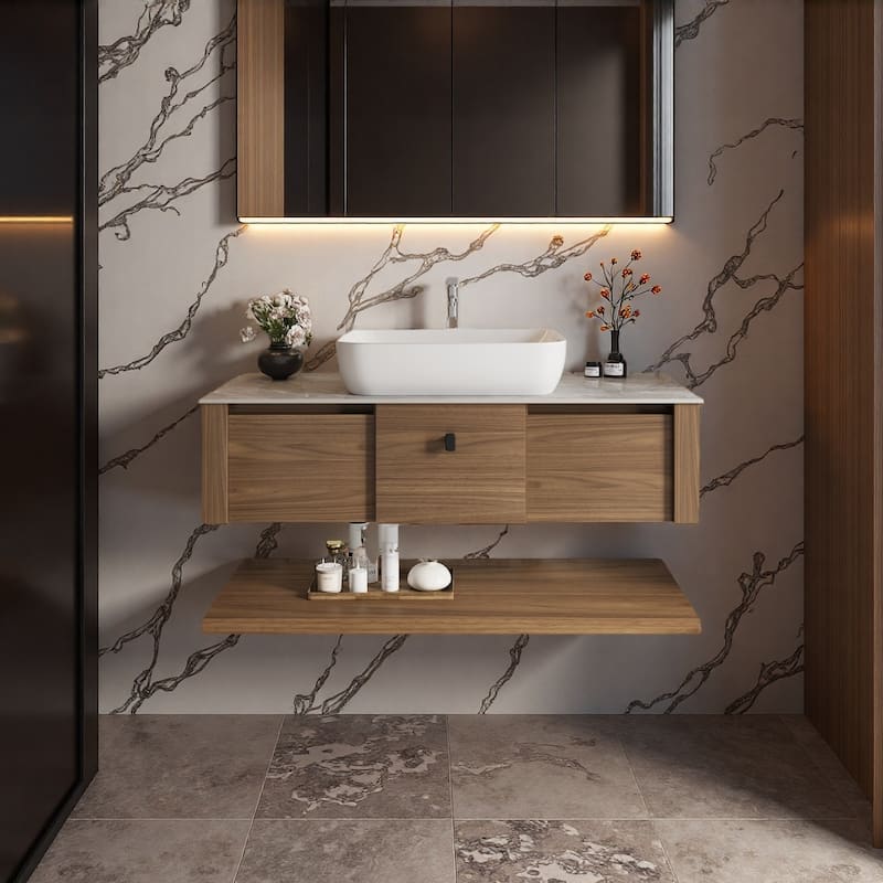 48"Mid Century Modern Wall-Mounted Bathroom Vanities,Single Sink,Brown Wood Texture with Sintered Stone Table top