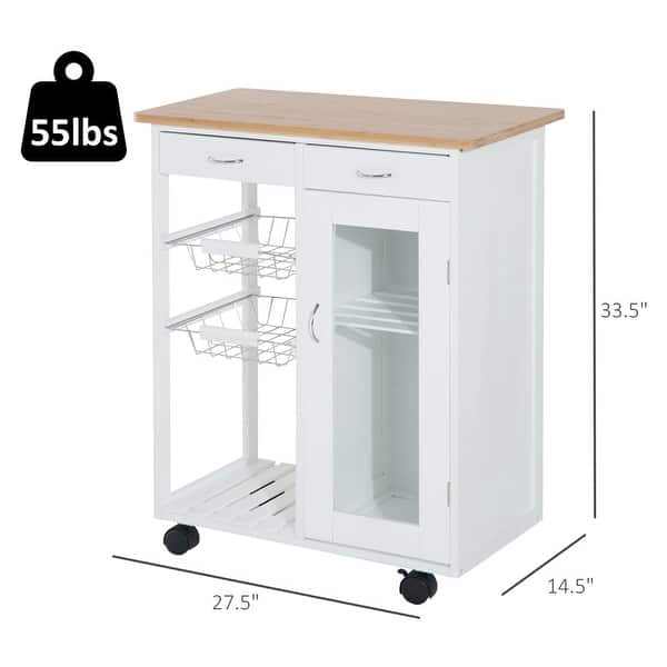 HOMCOM 28” Rolling Kitchen Trolley Serving Cart Storage Cabinet Bamboo Top with Wire Basket & Glass Door & Drawers - White