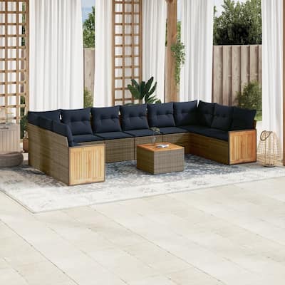 vidaXL 11 Piece Patio Sofa Set with Cushions Gray Poly Rattan - 134.4x27.2x91.0