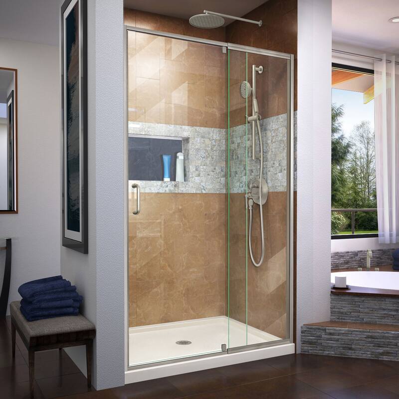 DreamLine Flex 32 in. D x 42 in. W x 74 3/4 in. H Pivot Shower Door and Shower Base Kit - 32" x 42" - Biscuit Base Brushed Nickel