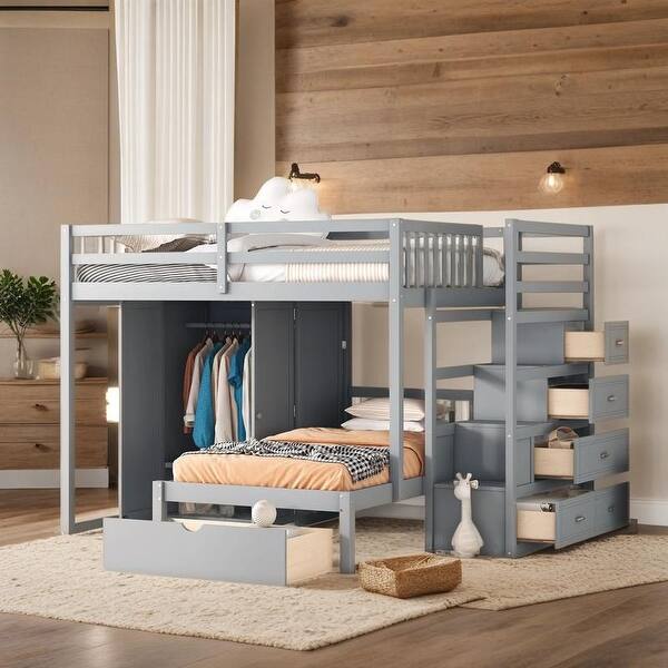 slide 2 of 32, Contemporary Full Over Twin Bunk Bed with Wardrobe and Convenient Footboard Drawers, Versatile Sleeping Arrangements, Gray Grey