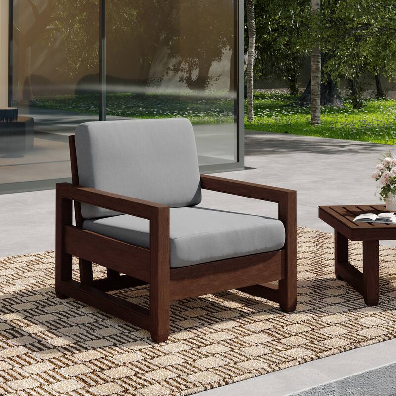 Patio Teak Wood Outdoor Arm Chair with Cushion - Dark Wood - Light Grey-Single Armchair