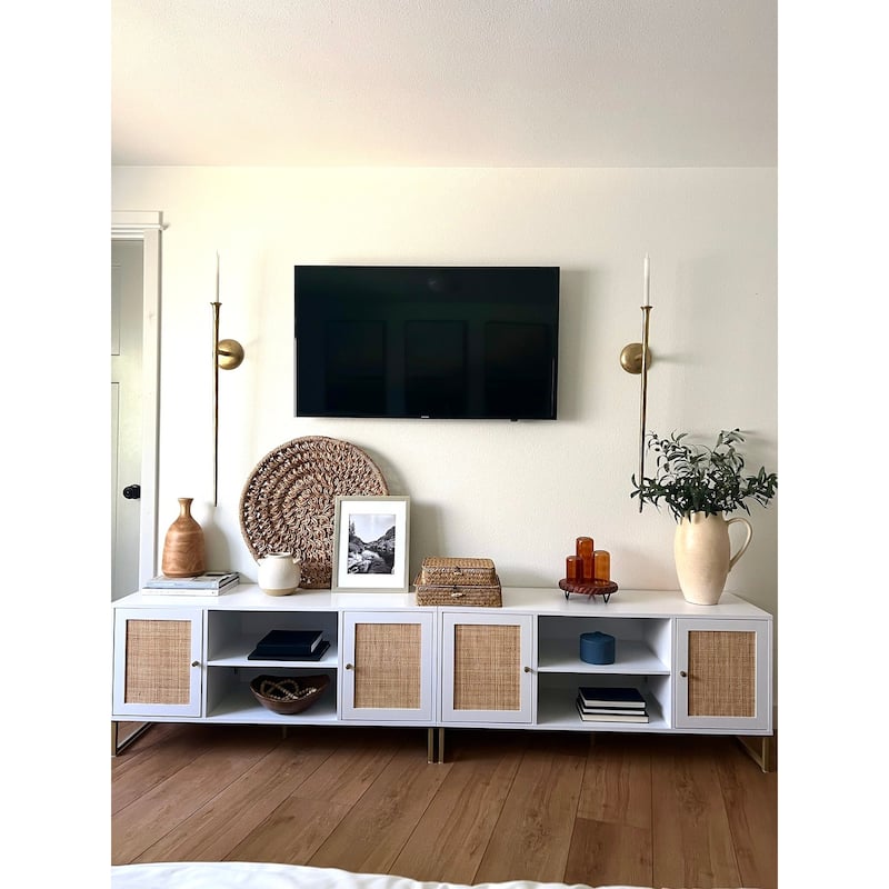 Nathan James Mina Modern TV Stand Entertainment Cabinet Media Console Oak Wood and Black Accents w/ Storage Doors