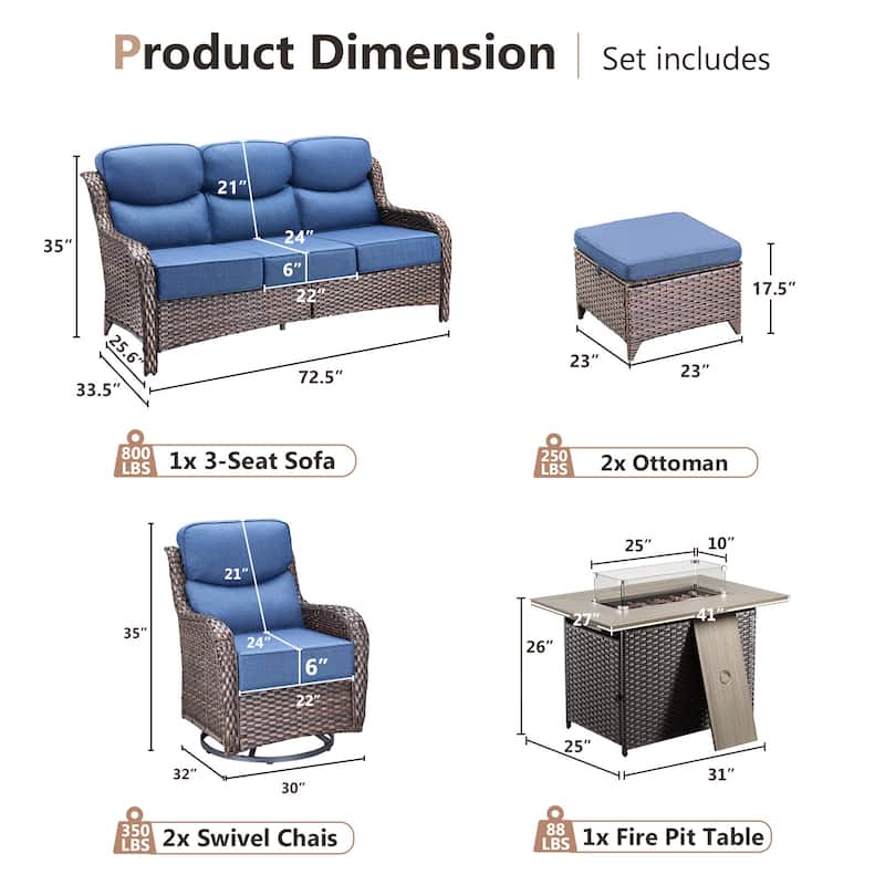 Pocassy 6 Pieces Outdoor 6 Inch Sofa Swivel Chair Ottoman with Fire Table