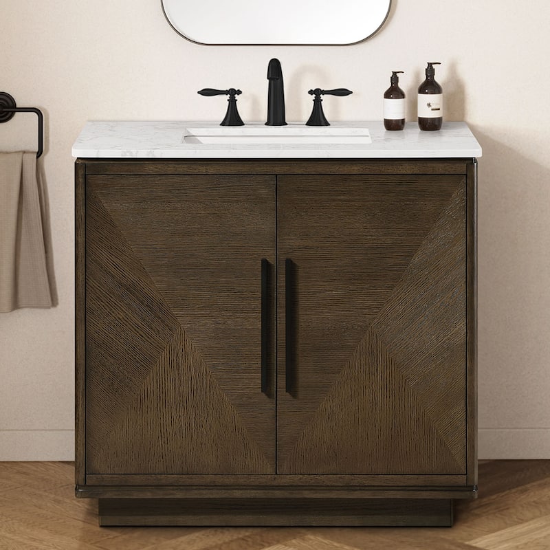 OVE Hale Aged Oak Bathroom Vanity with Engineered Marble Top - Aged Sweet Oak - 36"