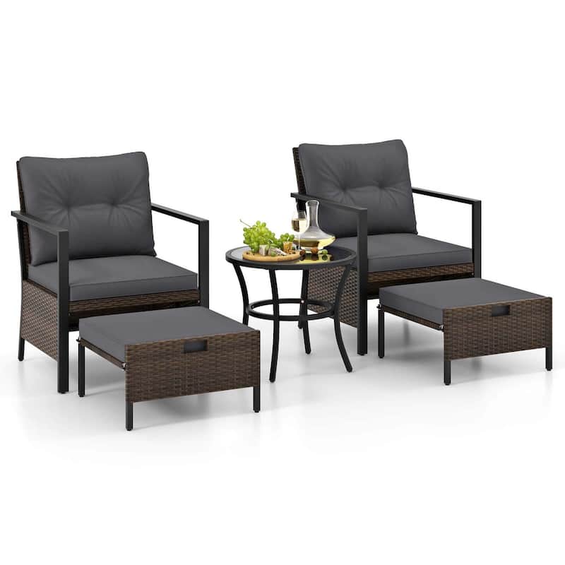 Gymax Set of 5 Furniture Set Rattan Chairs & Ottomans w/ Glass Topped - Grey