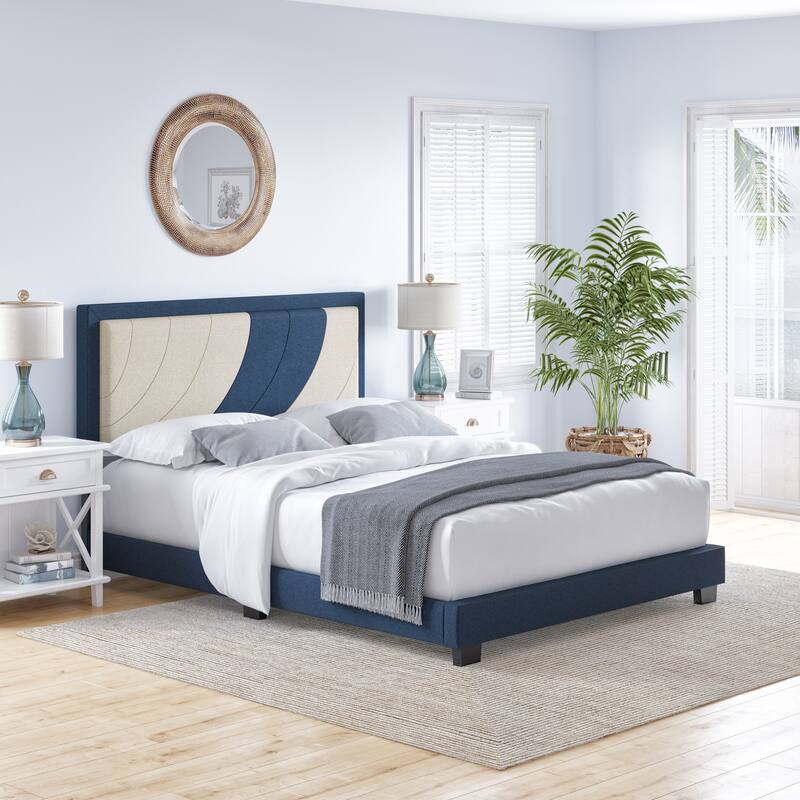 Boyd Sleep Sail Away Oceanic Upholstered Linen Platform Bed - Blue and Beige - Full