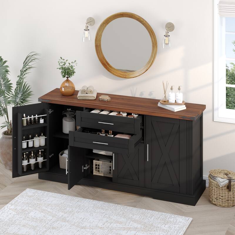 63" Sideboard Buffet Cabinet with Barn Door, Farmhouse Large Buffet Table with 2 Drawers Modern Coffee Bar w/ Adjustable Shelves