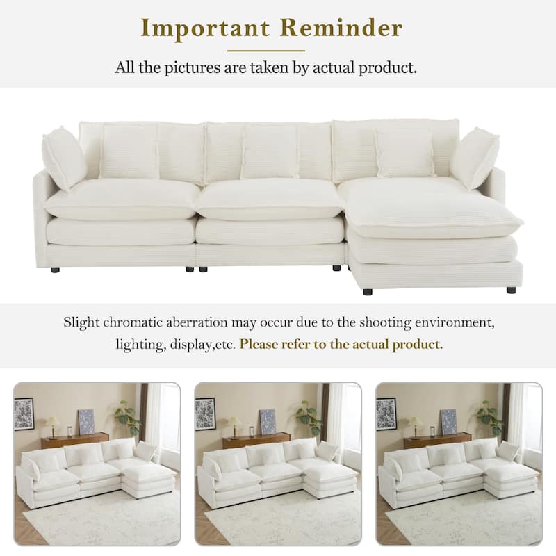 112.6" Corduroy L-Shaped Sectional Sofa with Ottoman and Storage Pockets