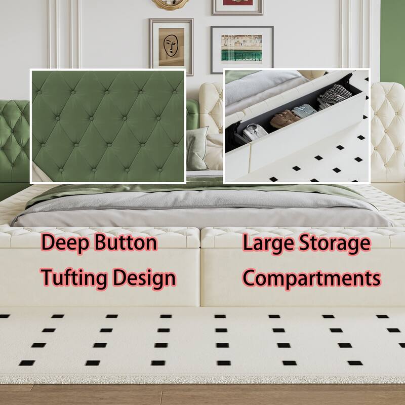 King Size Special-shaped Fully Upholstered Platform Bed with Deep Button Tufting and Storage