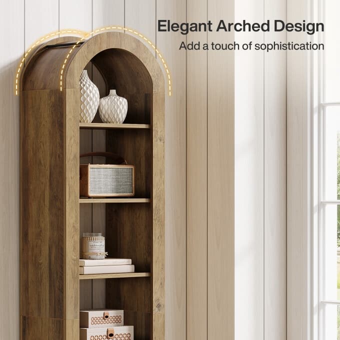 6-Tier Wooden Tall Bookshelf, 74.8 Inches Rustic Arched Bookcase