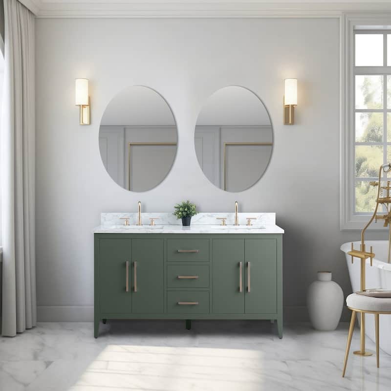 Vanity Art 60" Double Sink Bathroom Vanity Cabinet with Engineered Marble Top - 60"/Brushed Nickel Handle - Vintage Green