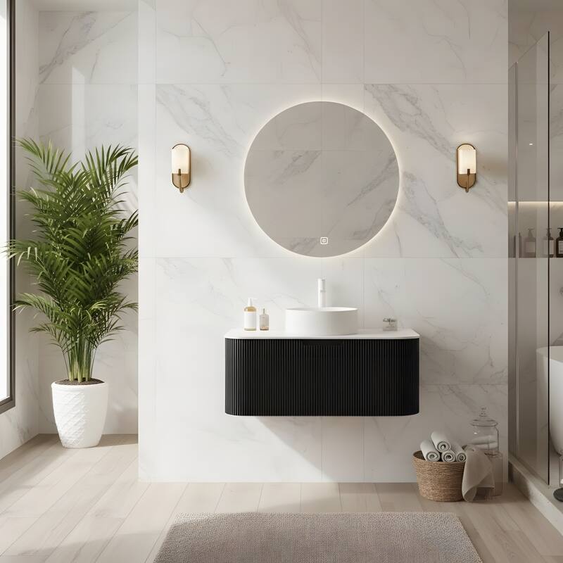 Wall Mounted Bathroom with White Round Ceramic Basin and Drawer - Black - 36