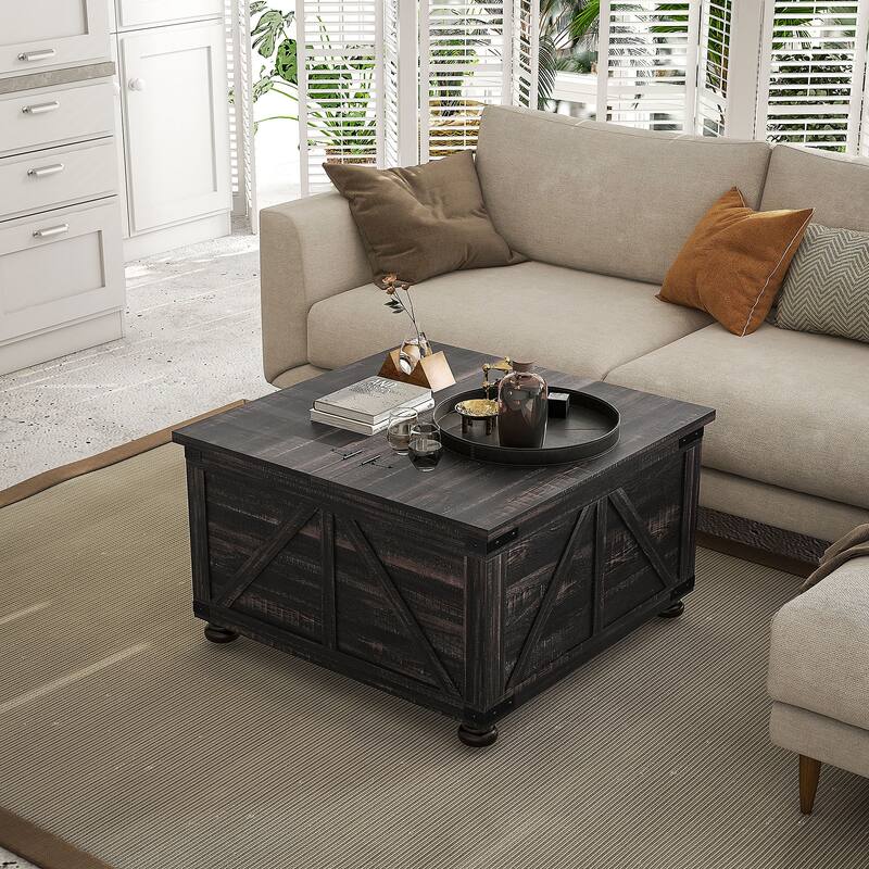 Farmhouse Square Coffee Table with Storage for Living Room, Center Table with Hinged Flip Lift Top and Hidden Space