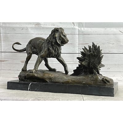 Imitative Lion Vs. Porcupine Bronze Statue Sculpture Wildlife Art Decor On Marble Base