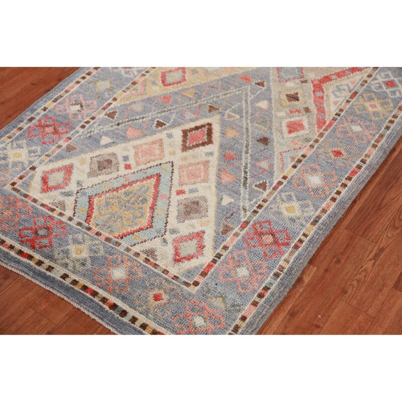 Hand Knotted Oriental 100% Wool Carpet Transitional Geometric Navy Blue & Blues Oushak Runner Rug - 12' 0'' X 3' 2''