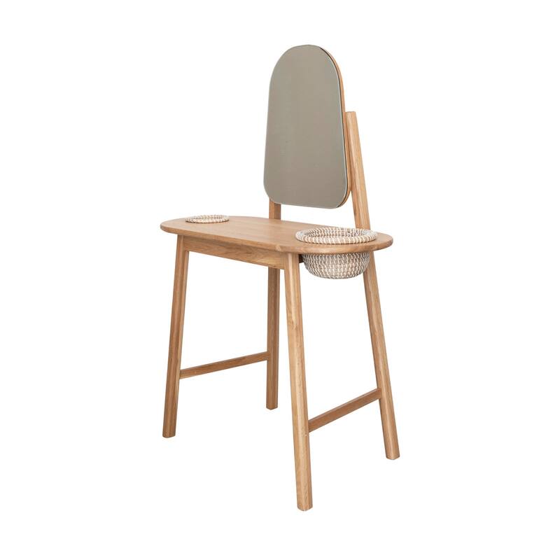 Oak Wood and MDF Vanity Table with Mirror and 2 Hand-Woven Rattan Baskets